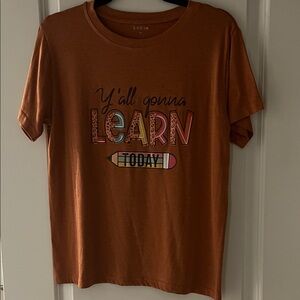 SHEIN Rust Orange Graphic 'Y'all Gonna Learn Today' Short Sleeve Tee
